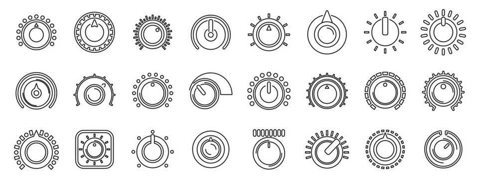 Volume control knobs icons set. Collection of diverse rotating knobs and dials, symbolizing precise control and adjustments in various settings