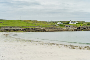 Aerial view of the wide sandy Kilmurvey Beach on Inishmore, largest of the Aran Islands in Galway Bay, Ireland.