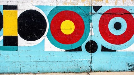 Abstract geometric mural painted on a weathered brick wall.