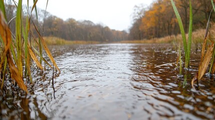Obraz premium Calm autumn river, forest background, tranquil nature scene, ideal for relaxation themes