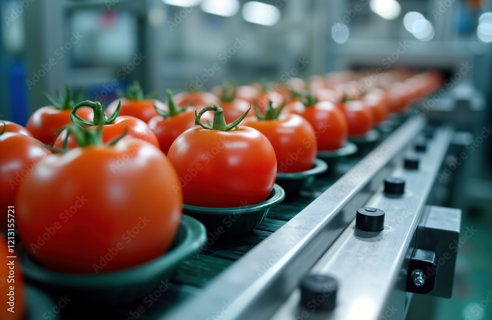 Poster automated food processing line. tomatoes move on conveyor belt. modern food factory. fresh produce p