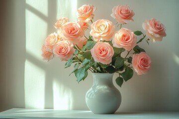 light pink roses in a glass vase sit gracefully on a white sideboard set against a soft neutral wall exuding elegance and tranquility in a minimalist arrangement