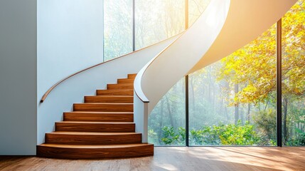 Modern wooden spiral staircase, autumn view