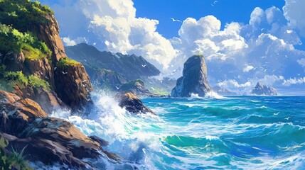 Dramatic Coastal Scene with Crashing Waves and White Birds in a Bright Sky
