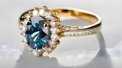 A magnificent gold ring with a pear-shaped diamond centerpiece, surrounded by dazzling diamonds and intricate gold detailing, exuding elegance and timeless beauty