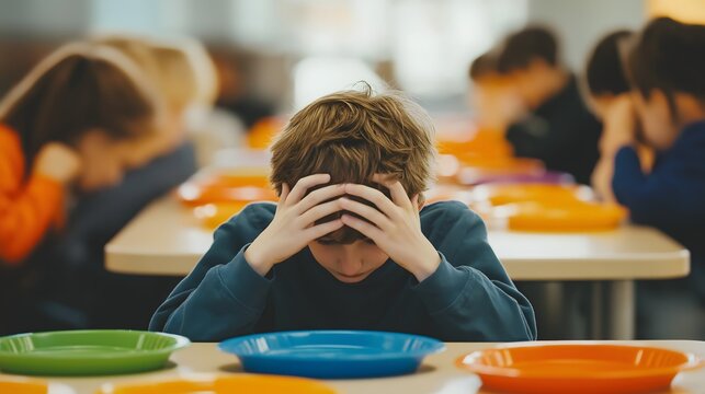 Child with autism seated in school cafeteria showing signs of distress during lunchtime activities with peers