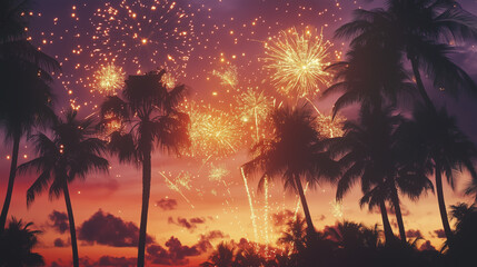 Obraz premium Fireworks in the over palm trees. Evening, palm, holiday, fireworks sky, island, sparks, stars. A bright blue sky with bright stars and a blue sky with a blue sky. Fireworks explode island. Lifestyle.