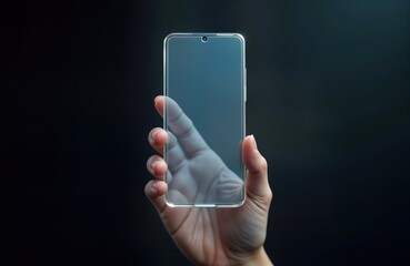 Hand holding futuristic transparent smartphone. Blank vertical screen shows potential app content. Slim design, transparent tech concept. Modern device future in mobile tech. Person holds device