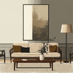 A beautifully refined living room showcasing vintage heirloom furniture and elegant decor in neutral tones. The flat style illustration captures a tranquil and sophisticated ambiance