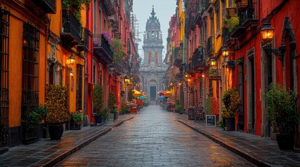 Fototapeta premium Colorful buildings line a cobblestone street leading to a church