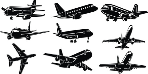 Set of black various airplane vector silhouettes