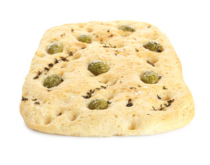 Delicious focaccia bread with olives, salt and thyme isolated on white