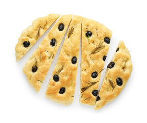 Slices of delicious focaccia bread with olives and rosemary isolated on white, top view