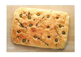 Delicious focaccia bread with olives and thyme isolated on white, top view