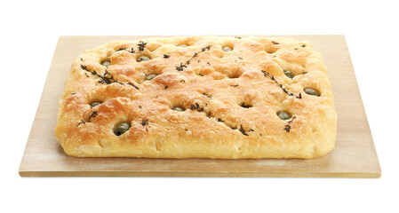 Delicious focaccia bread with olives and thyme isolated on white