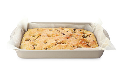 Delicious focaccia bread with olives and thyme in baking dish isolated on white