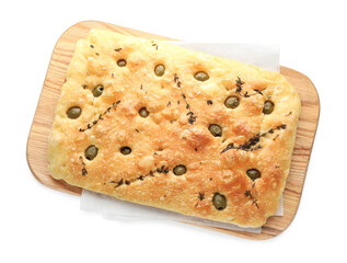 Delicious focaccia bread with olives and thyme isolated on white, top view