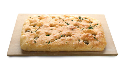 Delicious focaccia bread with olives and thyme isolated on white