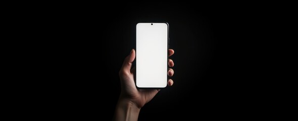 Hand holding a smartphone mockup with a blank screen on a black background for banner or app display.