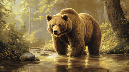 Obraz premium A majestic, tawny bear towers over a placid waterway, surrounded by a lush, wooded expanse. Wild Expanse. Illustration