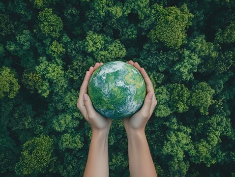 Hands holding globe on green nature forest background