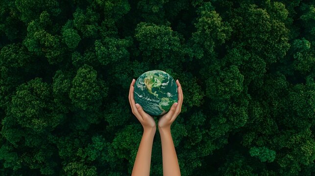 Hands holding globe on green nature forest background