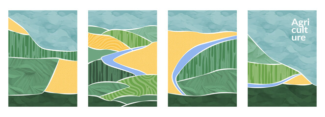 Aerial view of field with agriculture pattern, rice, wheat, tea farm. Watercolor background of green hill, river, abstract texture, pastel tone, spring card, poster design, landscape backdrop layout