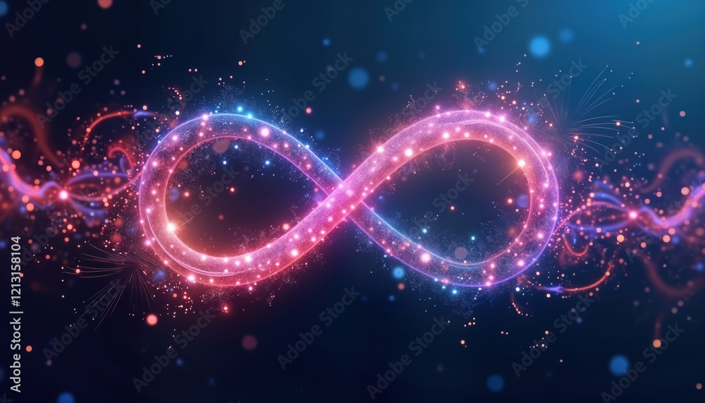 Poster Glowing infinity symbol graphic. Endless flow of info in AI. Data points, lines form vibrant symbol on dark blue background. Futuristic illustration. Design for tech concepts. Shows endless potential