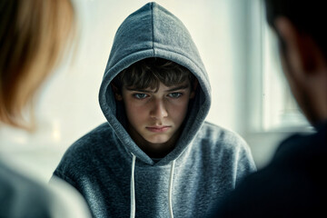 In the image, a person is wearing a gray hoodie with the hood up, looking directly at another individual