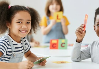 Diverse group of preschool children enjoying learning the alphabet with flash cards in a bright and cheerful classroom setting