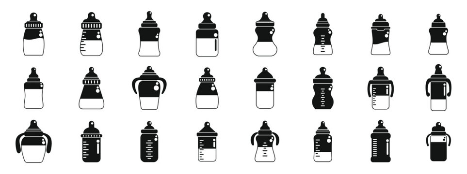 Feeding bottle icons set. Various baby bottles icons set in black showing different types of milk feeding bottles for infants and toddlers