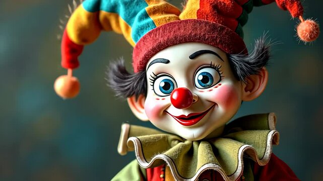 A clown or jester doll, with a red caped nose, moves and comes to life. Close-up. Video 4k. Puppet theater. Halloween, Circus theme. 