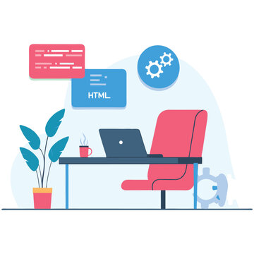 Web Developer Coding HTML: Modern Workspace Productivity, Focused Programmer at Work, Digital       