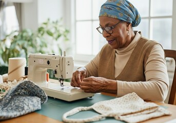 Skilled craftswoman threading needle on sewing machine, creating handmade clothing in her bright workshop