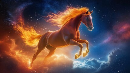 A horse with a fiery mane is running through the sky. The sky is filled with clouds and stars, creating a dreamy and ethereal atmosphere