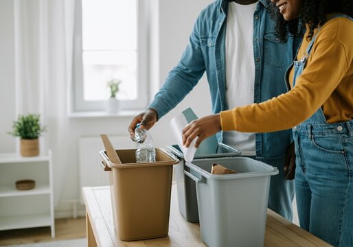 Young couple separating paper and plastic waste into different recycling bins at home - Powered by Adobe