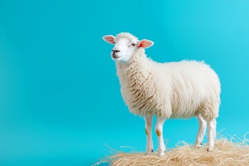 Obraz premium A white sheep stands on a pile of straw. The sheep is looking to the right. The blue background gives the image a calm and peaceful mood