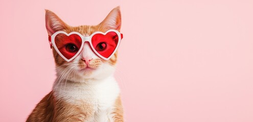 An adorable ginger and white cat wearing red heart-shaped sunglasses against a pink background, radiating charm and style. Perfect for Valentine's Day and love-themed designs