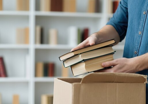 Librarian packing books in cardboard box for relocation, storage, or donation in library