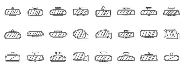 Rearview mirror icons set. Car rearview mirrors showing different shapes, sizes, fixing systems, and additional functionalities in a linear style