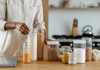 African american woman arranging various grains and flours in transparent reusable containers in modern kitchen, embracing zero waste and eco-conscious living