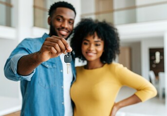 Excited couple showing keys to their new home, celebrating a milestone and the start of their life together