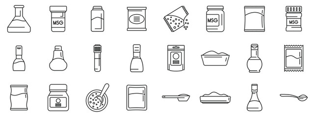 Glutamate icons set. This icon set showcases various forms, packaging, and uses of monosodium glutamate - msg - , a common flavor enhancer