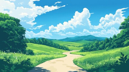 Serene Countryside Road Winding Through Verdant Hills