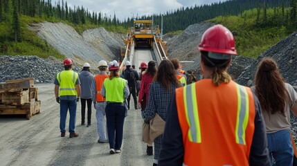 A photograph of a mining site with workers in safety vests preparing to board a shuttle to the underground.