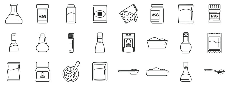 Glutamate icons set. This icon set showcases various forms, packaging, and uses of monosodium glutamate - msg - , a common flavor enhancer