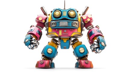Old-fashioned toy robot with a colorful vintage design isolated on white backdrop