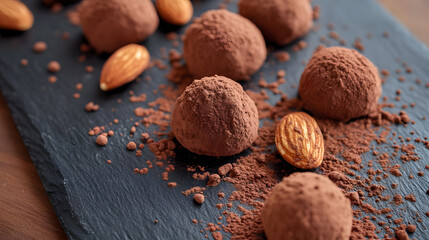 Almonds dusted with cocoa powder, placed on a textured slate board.