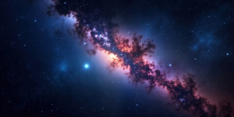 Vast starry night sky view shows glowing nebulae, distant stars. Cosmic colors mix with deep space. Colorful cosmic clouds, shining stars fill imaginative space background. Infinite universe inspires