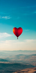 Fototapeta premium A heart-shaped balloon in the sky, floating above a beautiful landscape, in sunny weather. A romantic date in a hot air balloon. Concept romance date.